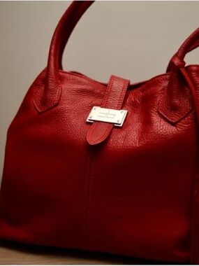 Red Pebbled Leather Shoulder Bag with Silver-Tone Plate